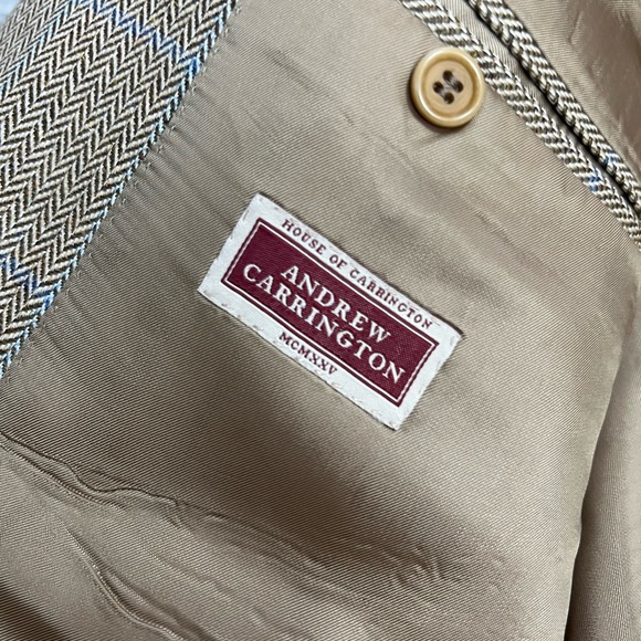 Andrew Carrington Tan Herringbone w/ Blue Windowpane Sport Coat 40R - Picture 6 of 7